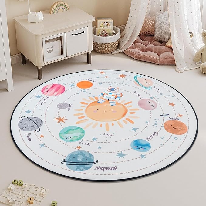 Solar System Planet Theme Carpets for Kids Bedrooms, 5ft Non-Slip Space Round Rugs for Baby,Circle Area Rug for Boys Girls Playroom,Educational Crawling Rug for Classroom