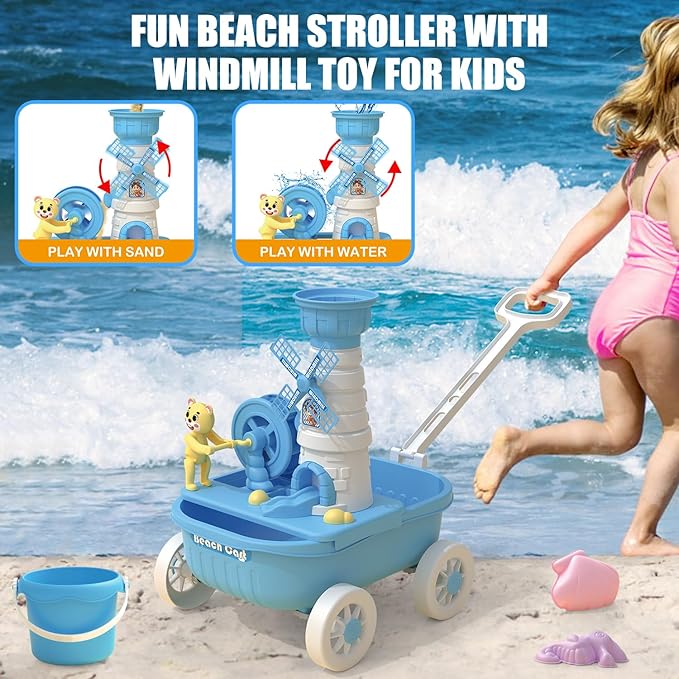 Dollox Kids Beach Wagon with Sand Toys - 12 Pieces, Water Wheel, Bucket, Watering Can, Marine Animal Sand Molds - Kids Beach Bucket Toy Outdoor Fun Play Set Beach Sand Toys for Toddlers & Kids
