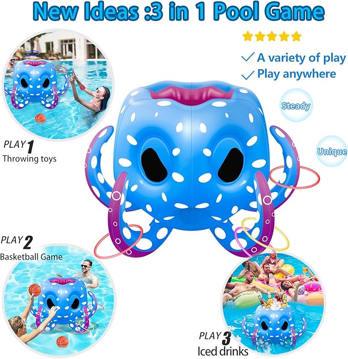 Octopus Pool Toys for Kids Ages 4-8, 2-in-1 Inflatable Pool Floats Basketball Hoop & Ring Toss Water Games for Indoor & Outdoor Pool, Beach, Backyard- Best Summer Gift for Boys Girls