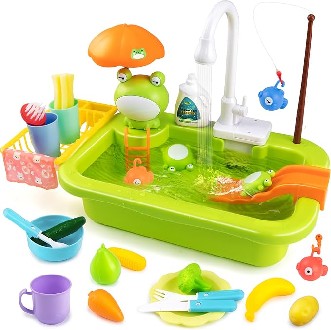 Play Sink with Running Water,Kids Sink Toy with Automatic Water Cycle System,Sink Fishing Game Toy with Food Kitchen Accessories,Kids Role Play Dress Up Dishwasher Toys for Boys and Girls Present