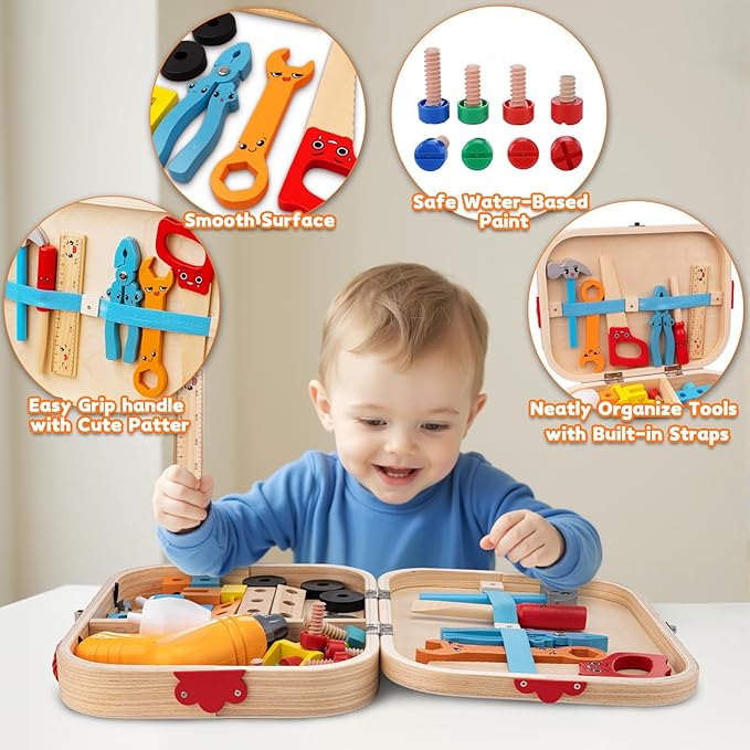 59Pcs Kids Tool Set Toy for Boys - Montessori STEM Wooden Play Tool Box Kit with Electric Drill with 2 Types Bits - Educational Christmas Birthday Gifts for Boys Toddlers Kids Age 3 4 5 6 Years Old
