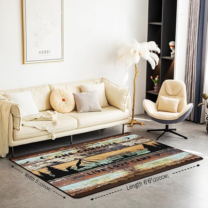Erosebridal Happy Camping Area Rug 5x7 RV Campsite Rug for Camper Retro Wooden Board Farmhouse Mountain Carpet Brown Blue Old Barn Adventure Room Non Slip Indoor Floor Mat