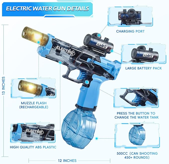 Electric Water Gun with Muzzle Flash & Recoil Effect,500CC High Capacity Automatic Squirt Guns,Up to 32 FT Range for Swimming Pool Party Beach,Outdoor Activity for Adults & Kids(Blue)