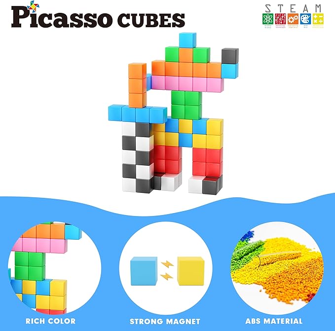 PicassoTiles Magnet Cube Building Blocks 108 Pieces 1.2" 3CM Magnetic Cubes Toy Construction Building Educational Sensory Toys with Idea Booklet for School & Preschool Kids Boys Girls Toddlers PMC303