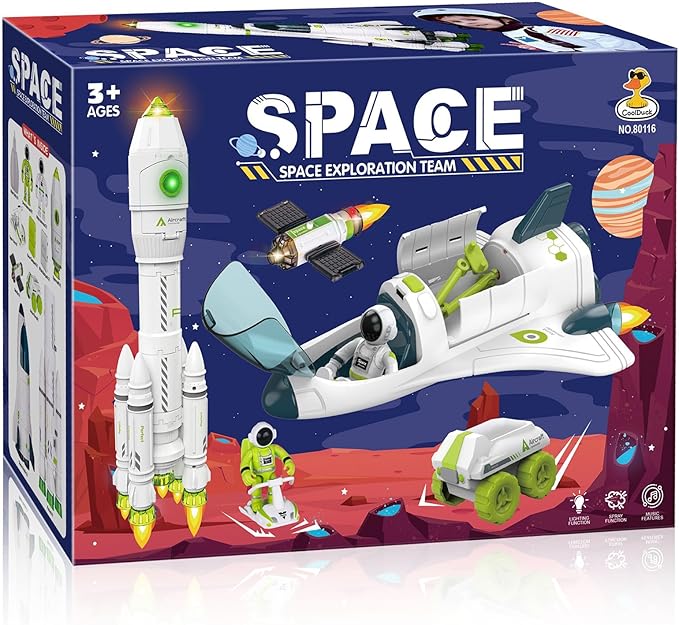 Space Rocket Shuttle Toy Set, Spacecraft Airplane Toys for Kids with Lights & Sound & Astronaut Figures,Spaceship Toys Gift for Boys 3-5-8