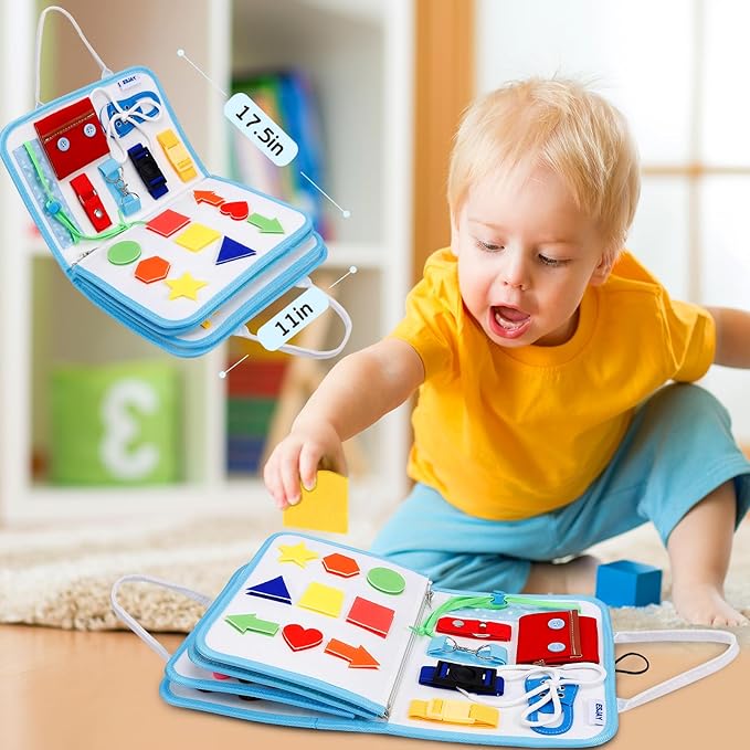 Esjay Toddler Busy Board Montessori Toys, Sensory Board Educational Activities for Learning Fine Motor Skills, Gifts for Girls Boys Toddlers, Travel Toys for Airplane Car,White Dinosaur