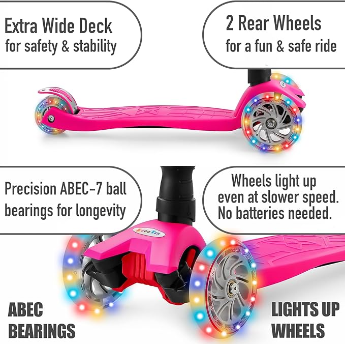 Scooters for Kids 3 Wheel Kick Scooter for Toddlers Girls & Boys, 4 Adjustable Height, Lean to Steer, Extra-Wide Deck, Light Up Wheels for Children from 3 to 14 Years Old