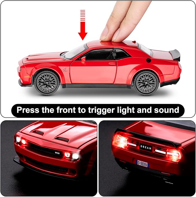 SASBSC Toy Model Car for Kids 1: 32 Scale Challenger Die cast Metel Toy Cars for Pull Back Model Car with Sound and Light Toy Birthday Gifts for 3+ Year Old Boys and Kids