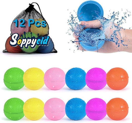 98K Reusable Water Balloons 12Pcs with Mesh Bag, Self Sealing Silicone Ball Latex-Free, No Clean Hassle, Easy to Fill, Summer Toys Water Toy Swimming Pool Beach Park Yard Outdoor Games Party Supplies