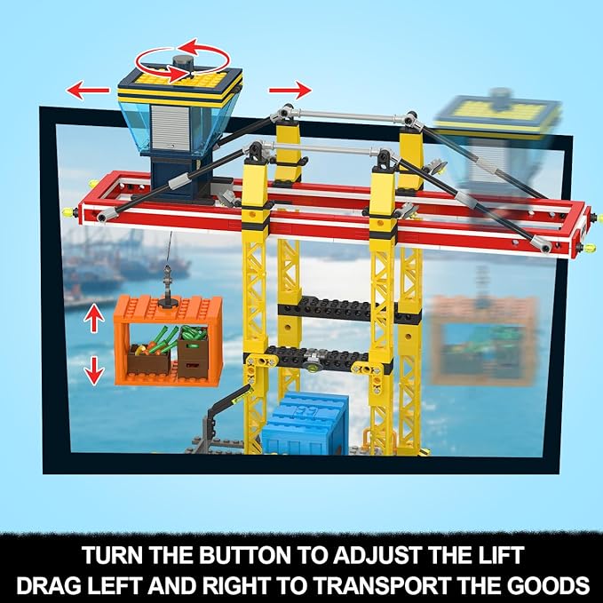 HOGOKIDS City Wharf Building Set with Crane - Includes Ship Train Truck, 4 Containers with Cargo Harbor Building Blocks | Large Construction Toy for for Adults Teens Kids Girls Boys 8-14+（1373PCS）
