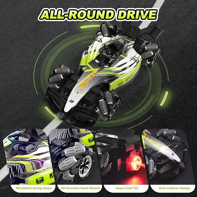 Axirata F1 Gesture Hand Remote Control Car for Kids Age 6-12 Year Old 2.4GHz 4WD 360°Rotation Drift RC Stunt Car with Light & Music & Spray 1:12 Scale Toy Car Gift for Boys Girls