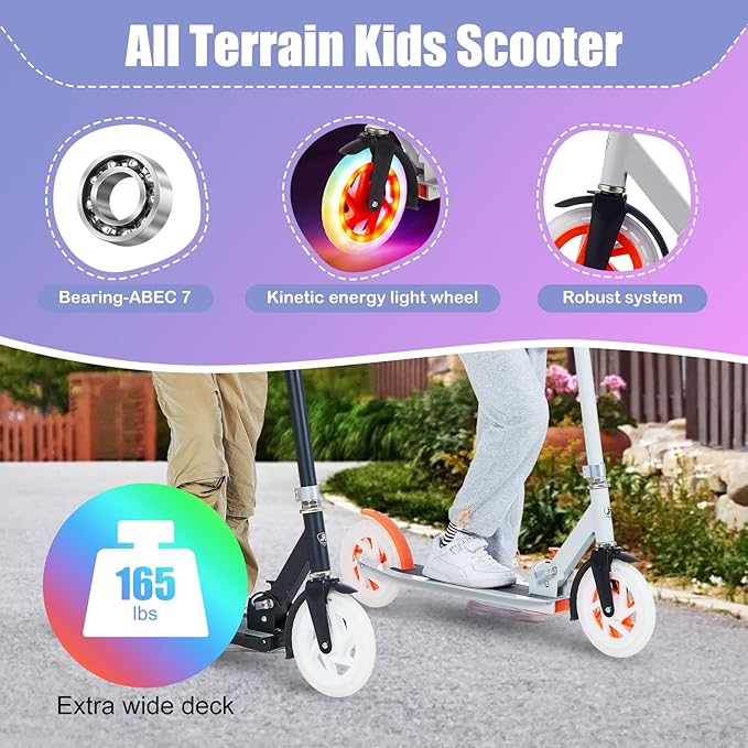 Kick Scooter for Ages 8-12,Kid, Teens. Max Load 165 LBS. Foldable, Lightweight, with Light Wheels, Teen and Adults, 3 Adjustable Levels.