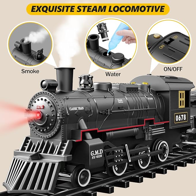 Train Set for Kids, Steam Locomotive Train w/Coal Car,Passenger Coach,Cargo Car & Long Tracks,Electric Train Railway Kits w/Smoke,Lights & Sound,Battery-Powered Train Toys Gift for Boys Girls
