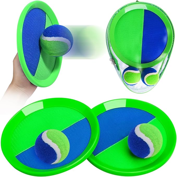 Toss and Catch Game Set - 2 Paddles, 2 Balls and 1 Storage Bag - Great Outdoor Toys/Gifts for Kids - Classic Beach and Yard Games (Blue and Green)