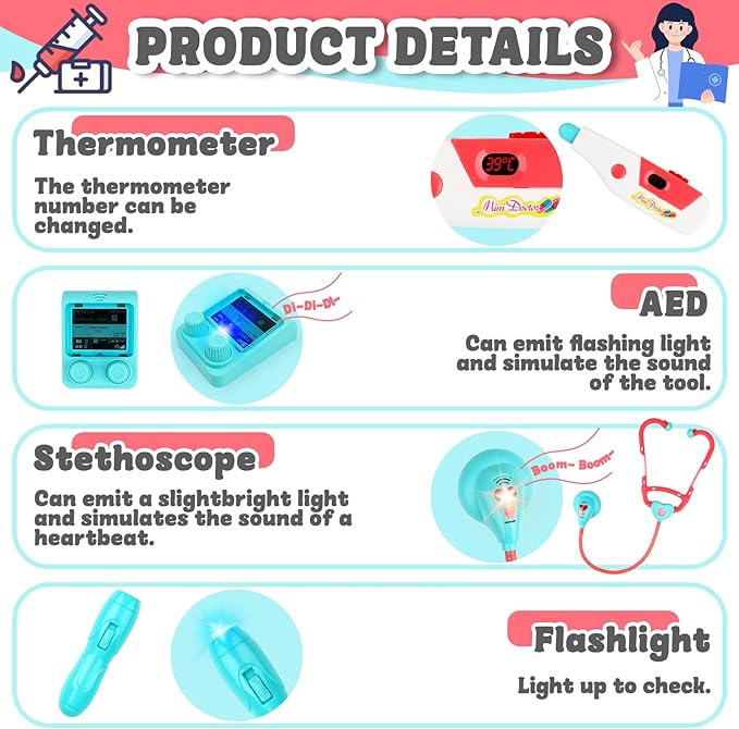 deAO Doctor Kit for Kids Ages 3+, Pretend Doctor Play Set with Doctor Cart, Costume and Stethoscope, Toddlers Doctor Role Playset Medical Kit for Girls Boys (Pink)