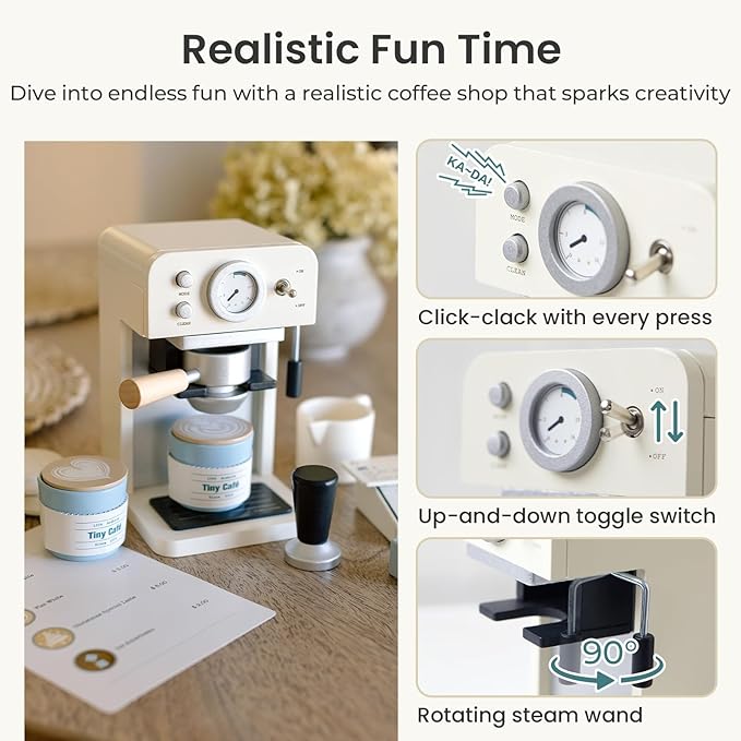 Tiny Land Kids Wooden Coffee Maker Playset – Pretend Play Espresso Machine with POS Machine and Toy Bank Card, Barista Role Play Café Set, Montessori Kitchen Toy for Boys & Girls
