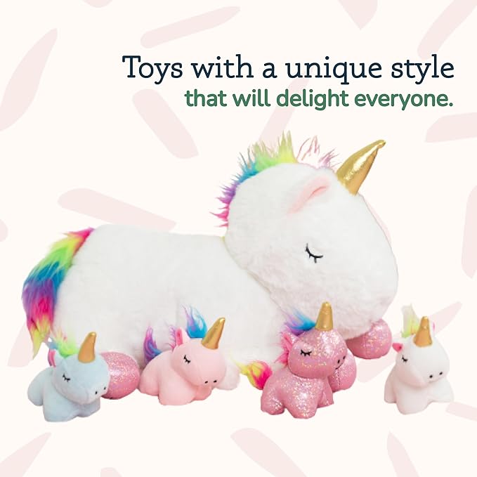 PixieCrush Unicorn Stuffed Animals for Girls, Set of 5 - Mommy with Babies - Magical Giant Stuffed Animal - Enchanting Unicorn with Babies Set - Plush Animals for Kids
