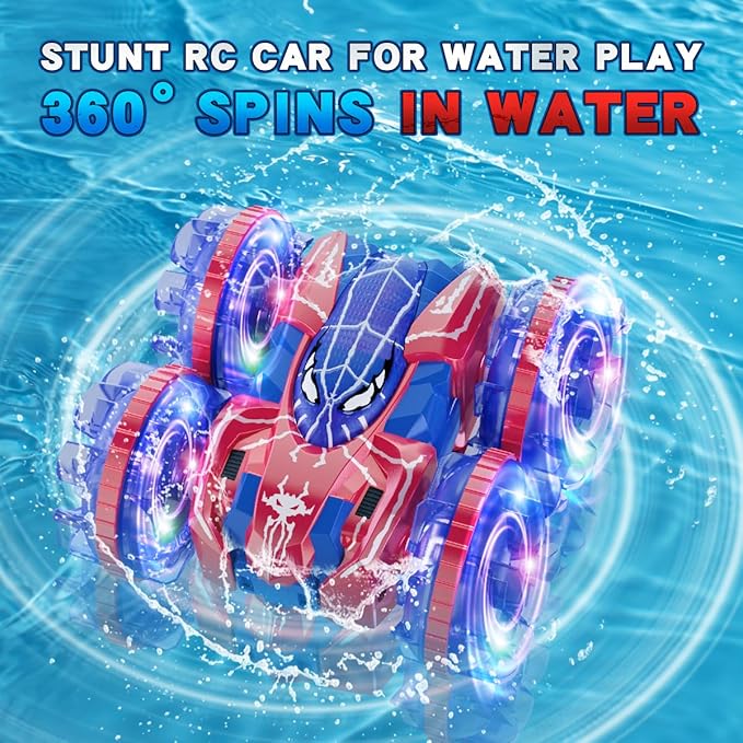 4WD Waterproof RC Car, 2.4 GHz Amphibious Remote Control Car Remote Control Boat for Kids, 360°Rotation RC Truck Stunt Cars with LED Lights, Boys Girls Gifts All Terrain Water Beach Pool Toy