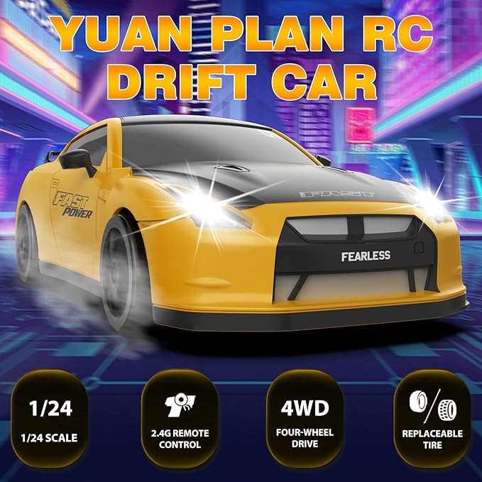 Remote Control Car 1/24 2.4GHz 4WD RC Drift Car, Rechargeable High Speed RC Cars with Cool Lights, Batteries and Extra Tires Toys for Kids (Yellow)