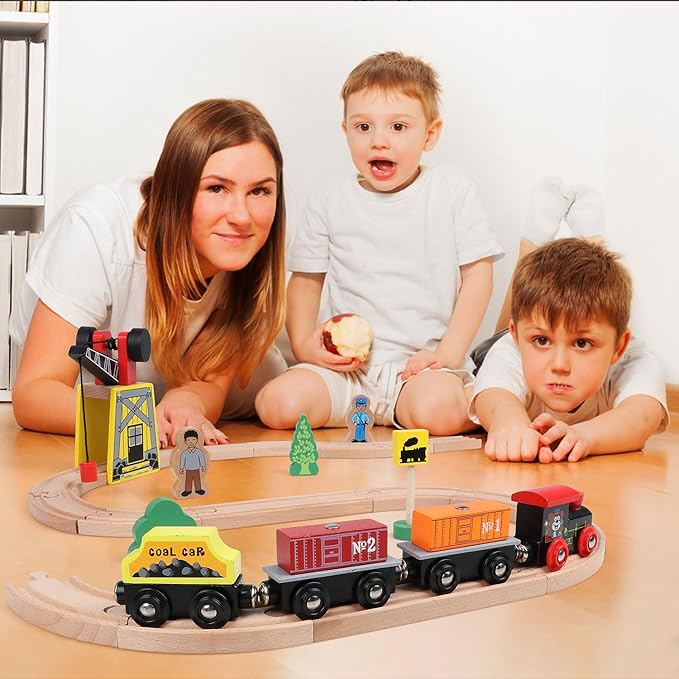 Qilay Wooden Train Set for Toddler - 39 Pcs Wooden Train Tracks with Crane, Bridge & 5 Wooden Trains - Train Toys for 3,4,5 Year Old Boys & Girls - Fit All Major Bands Train Tracks Set
