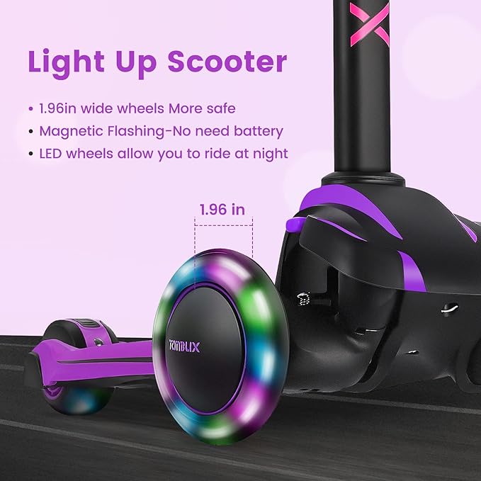 TONBUX Kids Scooter for Age 3-12, Toddler Scooter with 4 Adjustable Heights, Light Up 3-Wheels Scooter, Shock Absorption Design, Lean to Steer, Balance Training Scooter for Kids
