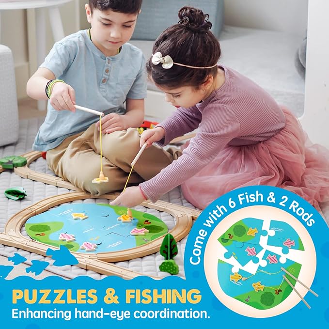 Tiny Land Train Set 110pcs Wooden Train Set, Toy Train Set with Tracks & Accessories, Montessori Toys for Boys & Girls Ages 3-7, Birthday Gift Railway Set for Toddlers & Kids