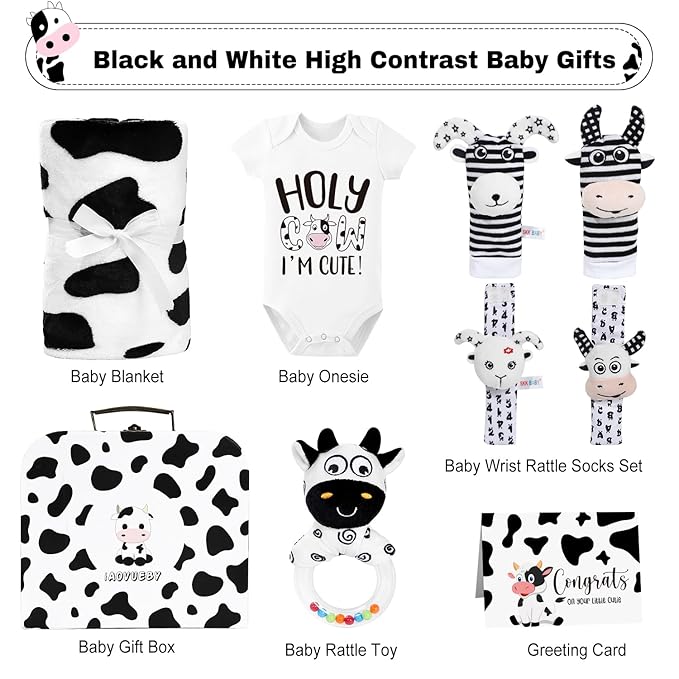 Baby Shower Gifts, Baby Gift Set for Newborn, Black and White High Contrast Baby Montessori Toys 0-6 Months Infant Rattle Socks Blanket Onesies, New Baby Gifts Basket for Girls Boys