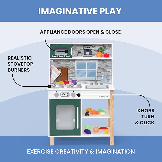 Delta Children Tiny Chef Play Kitchen - Toy Kitchen Playset with Realistic Knobs That Turn/Click, Oven, Sink, Microwave and 15 Pieces of Play Food, Green