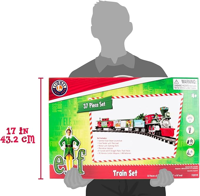 Lionel Battery-Operated Elf Toy Train Set with Locomotive, Train Cars, Track & Remote with Authentic Train Sounds, & Lights for Kids 4+