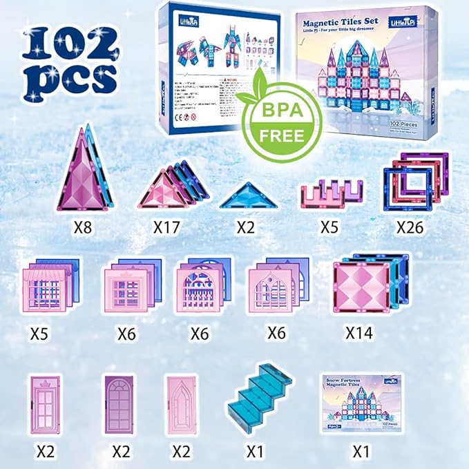 Little Pi 102pcs Frozen Princess Castle Magnetic Tiles Building Blocks - 3D Diamond Blocks, STEM Educational Toddler Toys for Pretend Play, 4 Year Old Girl Birthday Gifts Kids Ages 3 5 6 7 8 - Blue