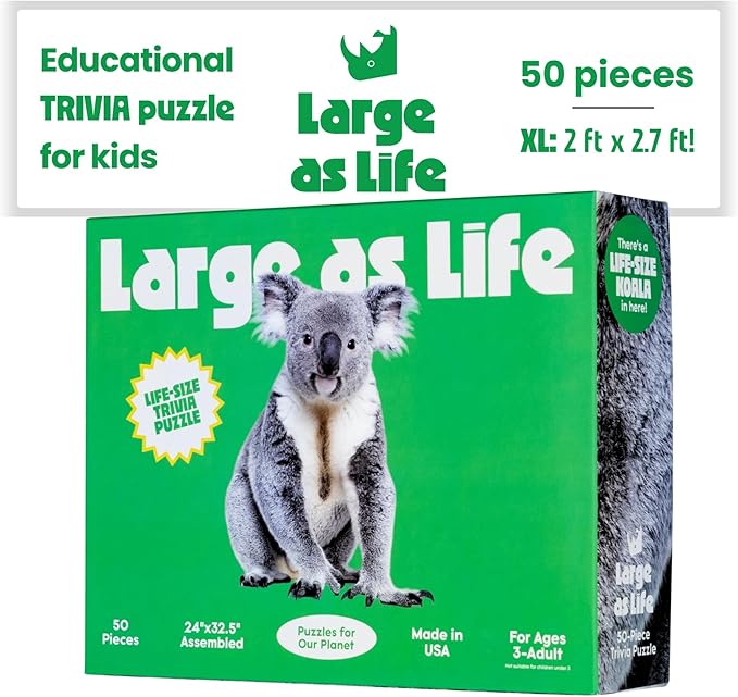50 Piece Trivia Floor Jigsaw Puzzle - Life Size Koala - Educational Trivia On Each Piece – Fun Gift for Kids Enjoyable for Adults, Ages 3+ XL Puzzle Size Assembled 24" x 32.5" - Made in USA