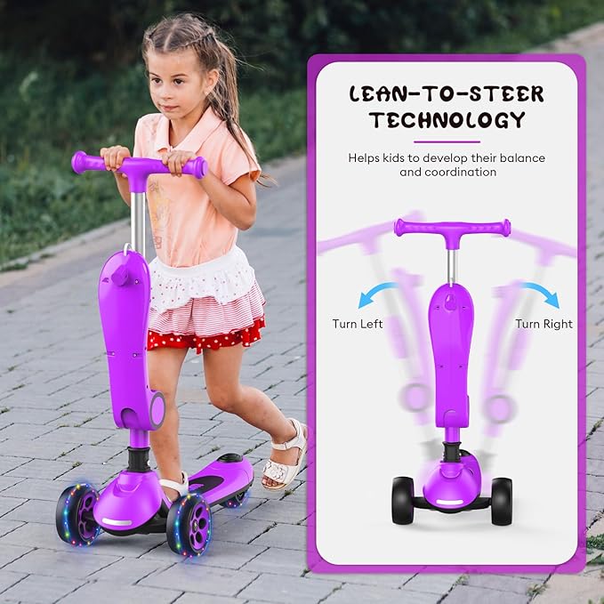 Kids Scooter,LED Lighted Wheels and 3 Adjustable Height Handlebars Scotters for Kids 3-12,3 Wheel 2-in-1 Toddler Kick Scotter for Boys & Girls up to 132 Lbs.