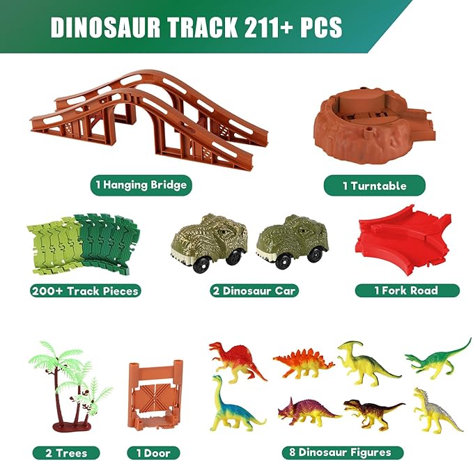 Jurassic Dinosaur Toys Race Car Track for Boys Age 4-7 Dinosaur World Road Race - Flexible Train Track Playset with 2 Cars and 8 Dinos-Todder Kids Best Gifts Ideas 3 5 6 Years Old (220+pcs) DDAI