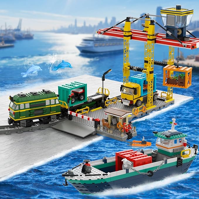 HOGOKIDS City Wharf Building Set with Crane - Includes Ship Train Truck, 4 Containers with Cargo Harbor Building Blocks | Large Construction Toy for for Adults Teens Kids Girls Boys 8-14+（1373PCS）