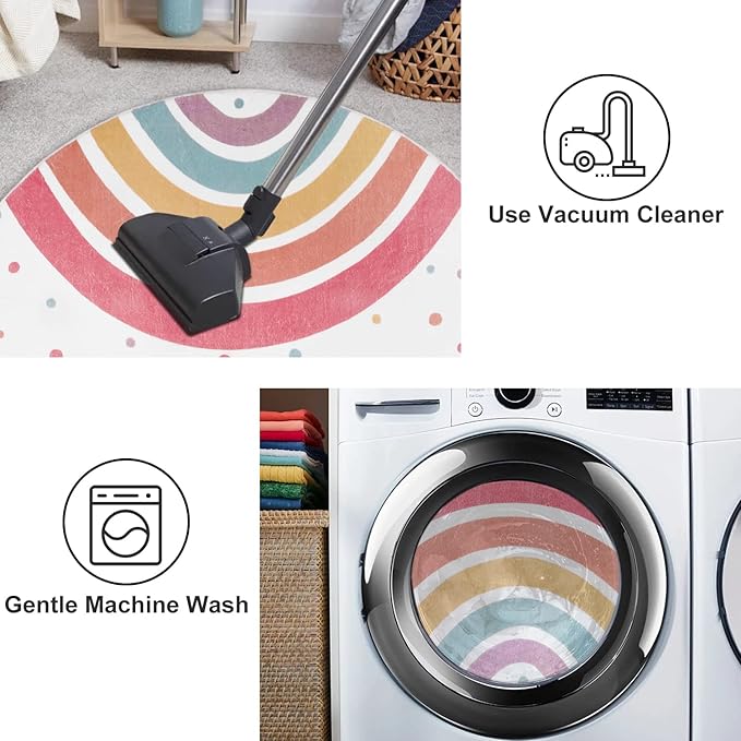 STARUIA Round Rainbow Rug for Girls Bedroom, 4 Ft Washable Kids Rug for Baby Nursery, Non-Slip Circle Area Rug Colorful Princess Carpet for Teen Dorm Playroom Tent