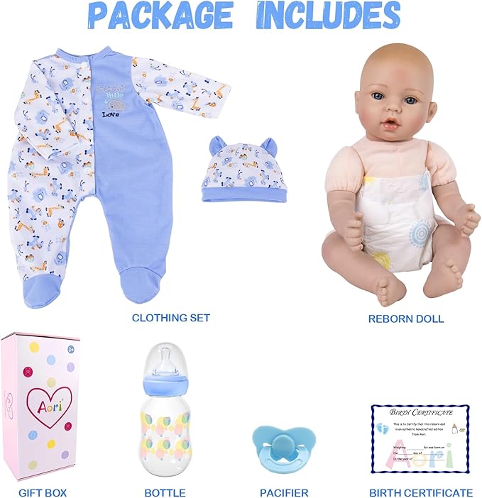 Aori Reborn Baby Dolls Boy - 18'' Realistic Newborn Baby Doll with Blue Feeding Set & Birth Certificate - Lifelike Weighted Body for Role Play, Gift for Kids Ages 3+