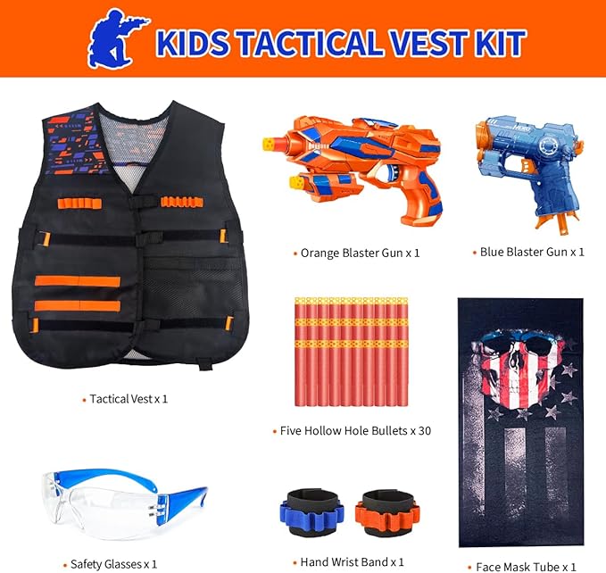 Tactical Vest Kit for Kids, Compatible with Nerf – Includes Vest, 2 Pack Toy Guns, 30 Foam Darts, Goggles, Wristbands, Skull Mask – Great Birthday Gift for Boys and Girls