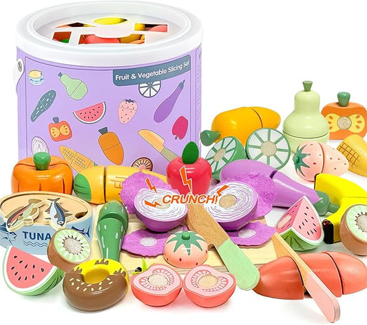 WHOHOLL Play Food Set for Play Kitchen Accessories, Wooden Toys Food Pretend Cutting Food with Apron, Montessori Toys for 3+ Years Old Girls Boys Eye-Protection Learning Resources
