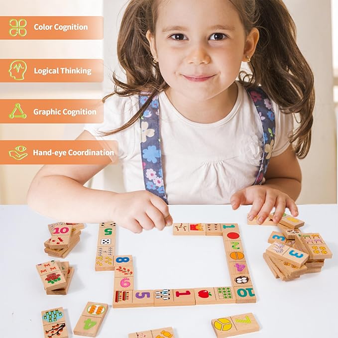 Wood Scrabble Tiles, Dominoes Set Tile Board Game in Aluminum Carry Case Games with Colorful Trains for Family Game Night, for Adults & Kids Ages 8+