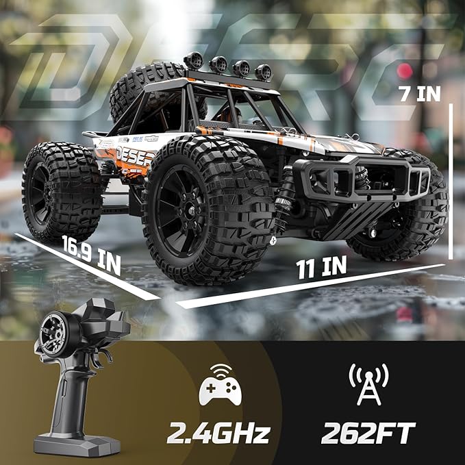 DEERC 1:10 Scale RC Monster Truck for Adults & Boys, 48KM/H Speed 4X4 Hobby RC Car with Lights, 2 Rechargeable Batteries, 2.4 GHz All Terrain Remote Control Car Toys for 30mins Fun