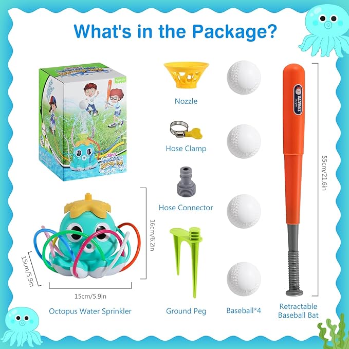 MoKo Water Sprinkler Baseball Toy for Kids Outdoor Play, 2 in 1 Octopus Baseball Water Games for Boys Girls, Yard Sprayer Sprinkler, Toddler Outdoor Toys for Backyard Garden Lawn Pool, Sky Blu Octopus