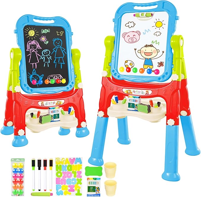 Amagoing Easel for Kids, Adjustable Standing Art Easel for Toddler, Double Magnetic Drawing Board with Painting Accessories, Gift for Little Boys and Girls Age 3 4 5, Blue