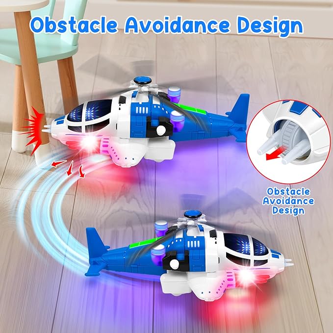 Helicopter Toy for Toddlers 1-3 With Lights And Sounds, 360°Freedom And Operated Automatic Bump Autism Sensory Light Up Toys Airplane for Toddler Boy Toys 2 3 4 5 Year Old Up Boy Girl Birthday (Blue)