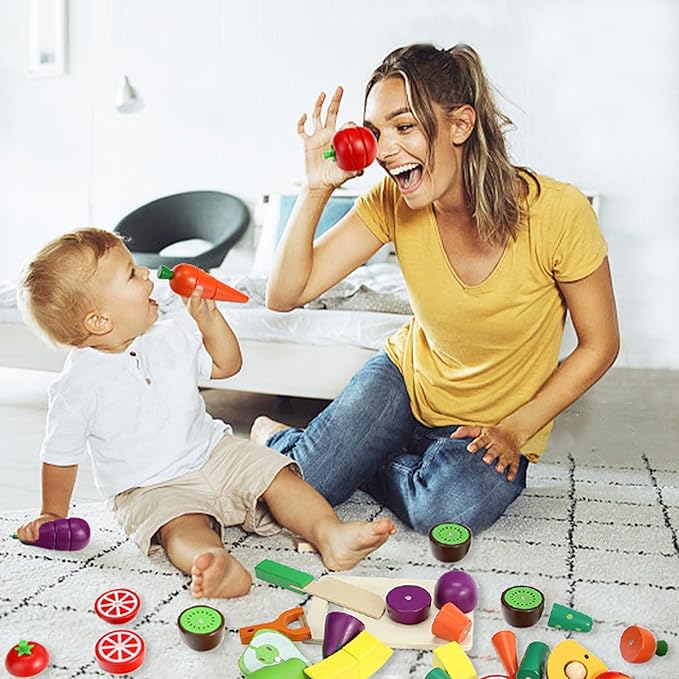 Wooden Play Food Sets for Kids Kitchen Fake Food Cutting Fruit and Vegetables Pretend Play Toddler Toys Food Montessori Toys for 3 4 5 6 7 Years Old Gifts for Boys and Girls