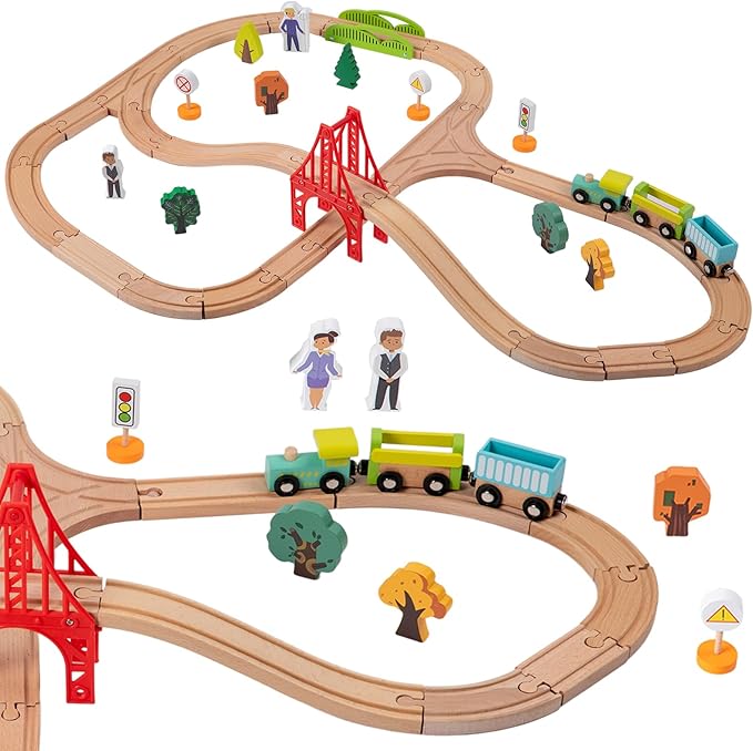 40 Pcs Wooden Train Set for Kids Ages 4-8, Wood Train Track with Magnetic Toy Train Accessories for Toddlers 3-5 Year Old Boy & Girl, Railway Set Road Sign Fit Major Brand Christmas Toy