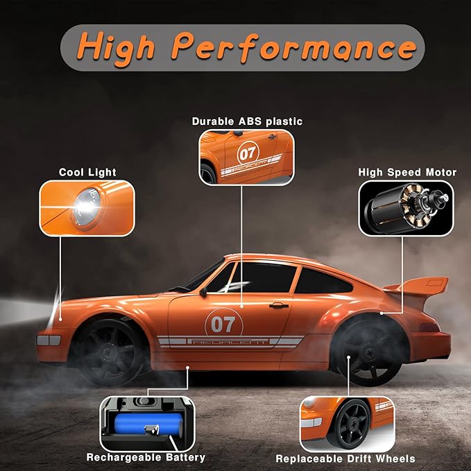 1/24 4WD RC Drift Car - 2.4GHz Remote Control With LED Light, High Speed, Two Rechargeable Batteries and Drift Tires for Kids and Adults - Orange