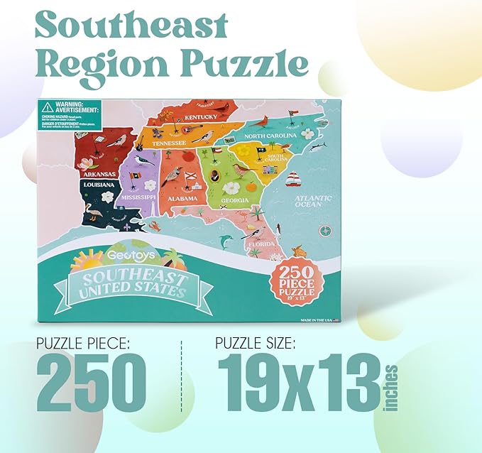 Geotoys Southeast Region Jigsaw Puzzle - 250 Piece Puzzle for Kids - Jigsaw Puzzles for Kids Ages 8-12 Years Old - Geography Puzzles with Colorful Landmarks, United States Flag and More