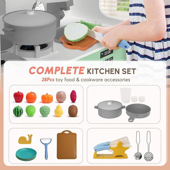 BIERUM Play Kitchen with Realistic Lights & Sounds, Wooden Kitchen Playset with 28 Pcs Toy Food & Cookware Accessories, Toy Kitchen with Plenty of Play Features, Idea Gift for Boys and Girls Ages 3+