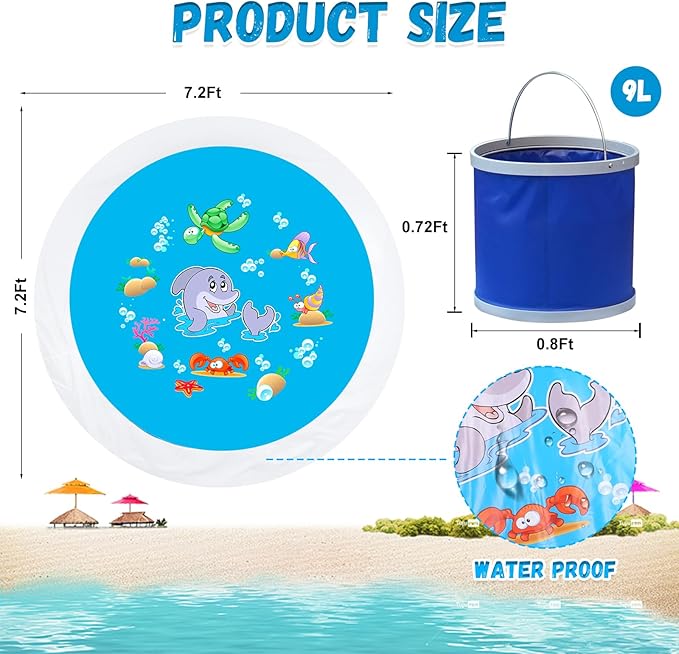 7.2 X 7.2 Feet Baby Beach Pool，Kiddie Pool and Beach Blanket，2 in 1 Toddler Paddling Pool，Beach Toys for Infant Kids Boys and Girls with Portable Water Bag 9L