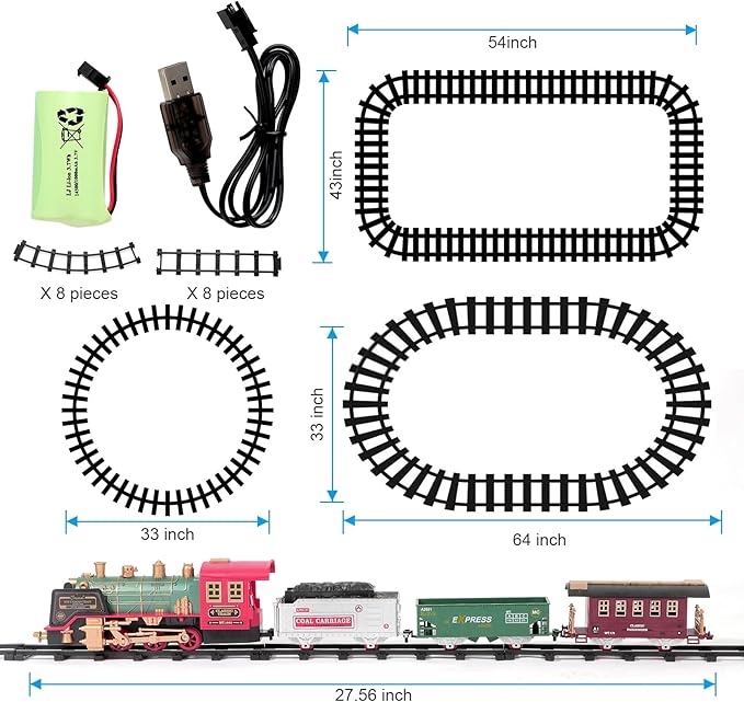 Train Set for Christmas Tree, Updated Chargeable Remote Control Electric Train Toy for Boys Girls w/Smokes, Lights & Sound, Railway Kits w/Steam Locomotive Engine, for 2 3 4 5 6 7 8+ Year Old Kids